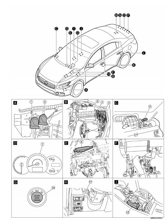 Nissan Maxima. DOOR REQUEST SWITCH : Component Parts Location