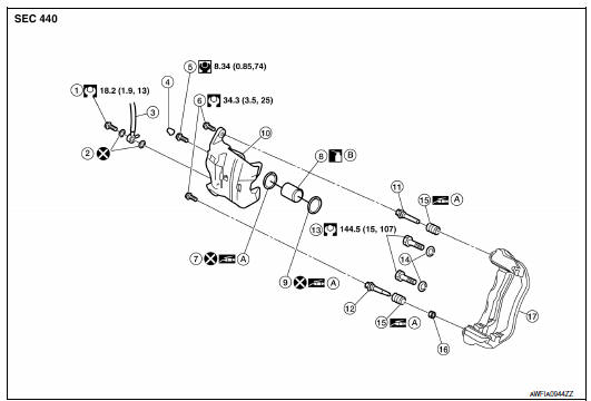 Nissan Maxima. Exploded View of Brake Caliper