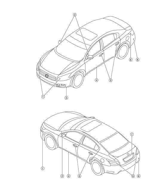 Nissan Maxima. LOCATION OF PLASTIC PARTS