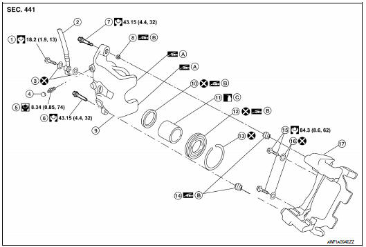 Nissan Maxima. Exploded View of Brake Caliper