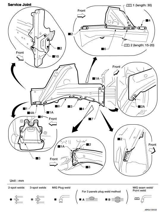 Nissan Maxima. Front Side Member (Partial Replacement)